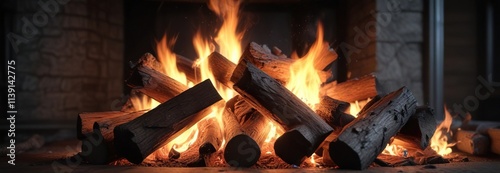 A fire crackles and spits in the fireplace as the flames rise high into the night air, , burning wood