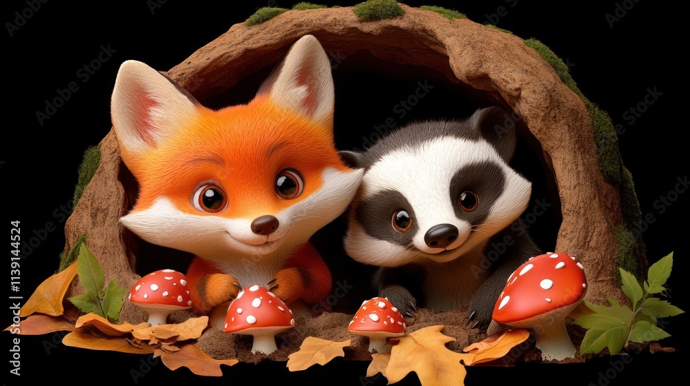 Fototapeta premium A cute fox and raccoon peeking out from a burrow surrounded by mushrooms and autumn leaves.