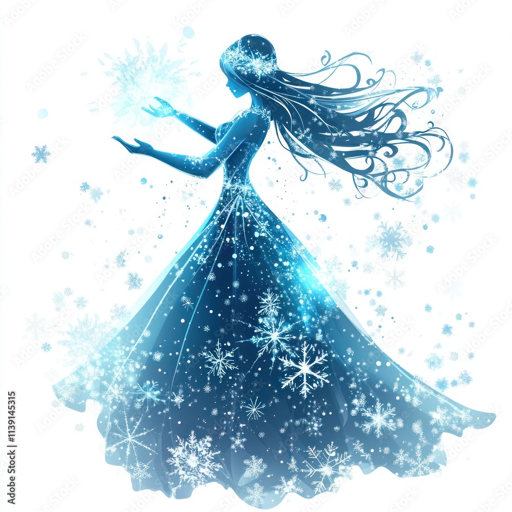 Enchanted Winter Snow Queen Illustration: A Blue Snowflake Fantasy