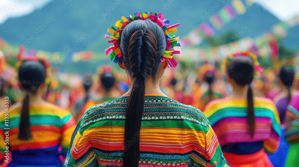 Obraz premium Group of Friends in Traditional Clothing Celebrate with Colorful Accessories in a Vibrant Outdoor Festival Setting
