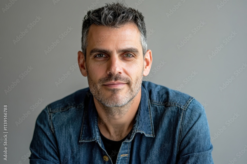 Fototapeta premium Confident Man in Denim Jacket Posing Against Neutral Background