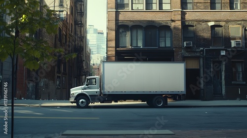 Delivery Truck Parked on City Street Between Buildings