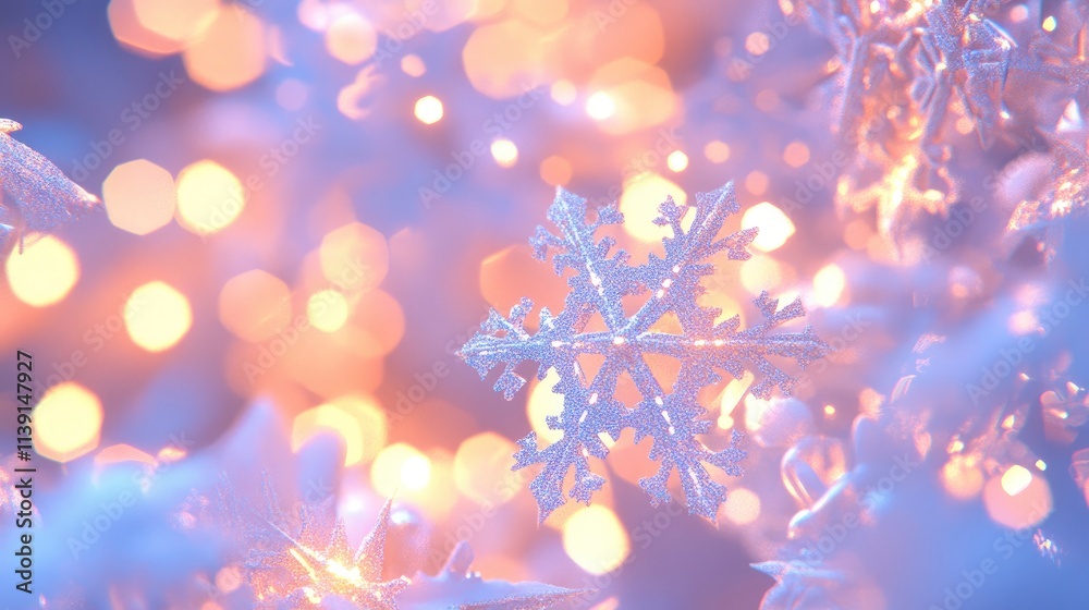 Glittering snowflake amidst shimmering lights Glittering snowflake amidst shimmering lights