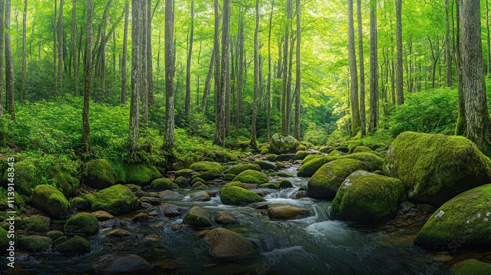 Fototapeta premium Lush green forest stream flowing over mossy rocks.