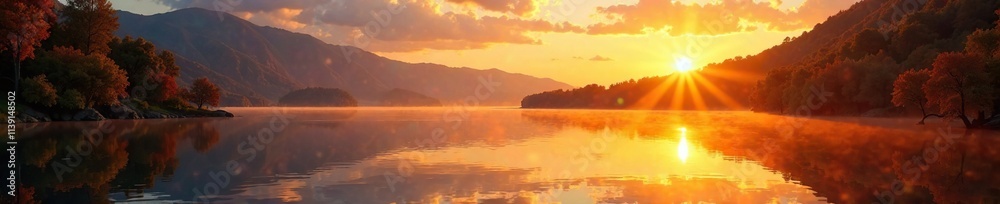 Obraz premium Serene lake surface reflected golden light of autumn sunset, nature, landscape