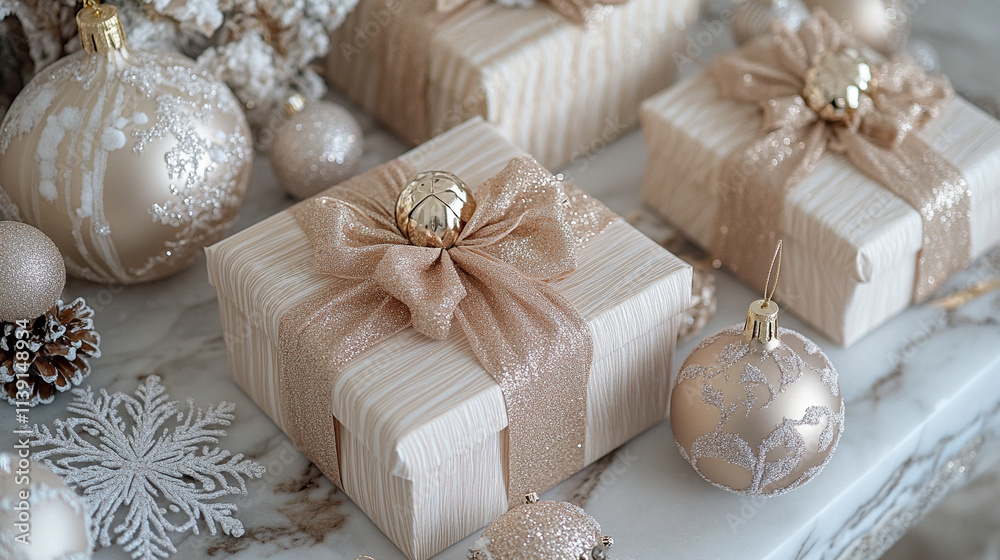 Minimalistic Christmas holiday theme featuring beige gift boxes with golden ribbons elegant ornaments snowflakes and glittering decorations on a clean background with copyspace for text Minimalistic Christmas holiday theme featuring beige gift boxes with golden ribbons elegant ornaments snowflakes and glittering decorations on a clean background with copyspace for text