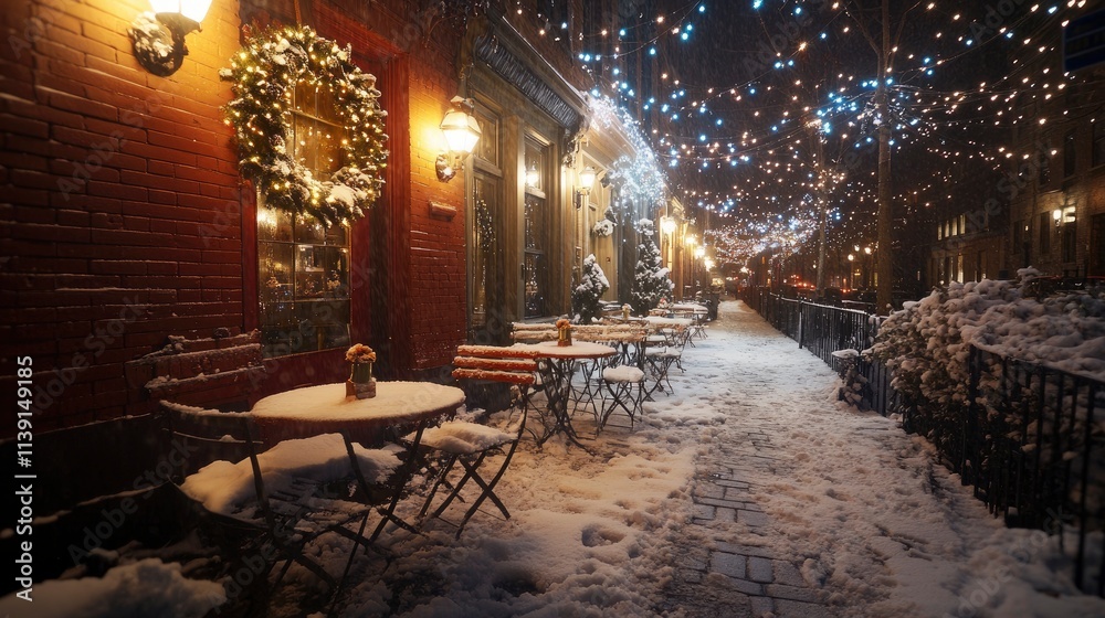 Obraz premium Winter wonderland street with illuminated café tables