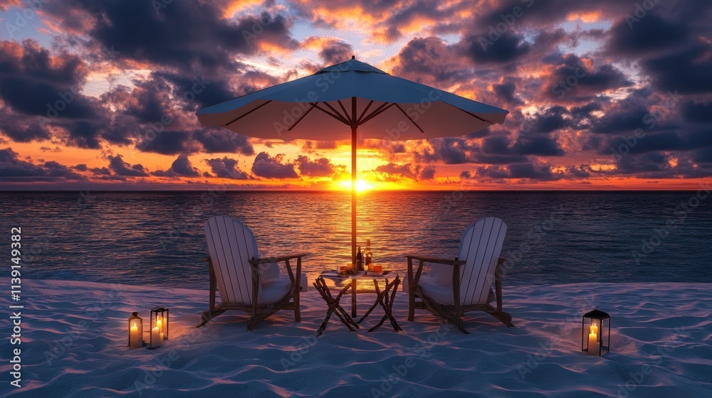Fototapeta premium Romantic Beach Setting with Sunset and Umbrella Over Chairs