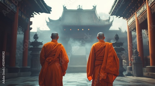 Two monks in orange robes walk towards a serene temple, enveloped in mist, capturing a moment of tranquility and spirituality. photo