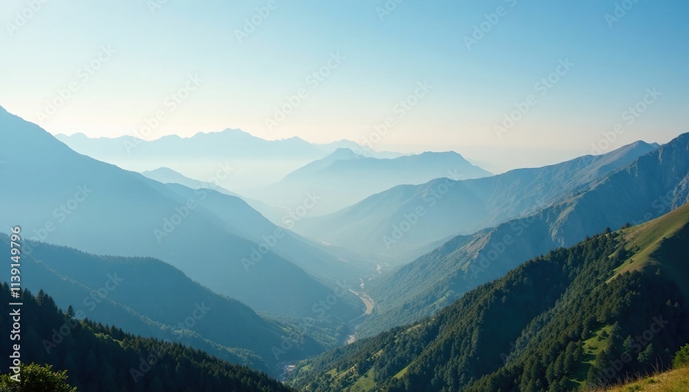Fototapeta premium Misty morning over a vast mountain range under clear blue sky, scenery, misty