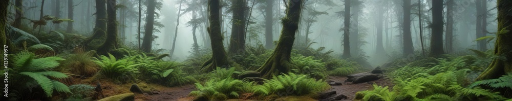 Obraz premium Misty, emerald forest floor covered in ferns and moss, vegetation, lush