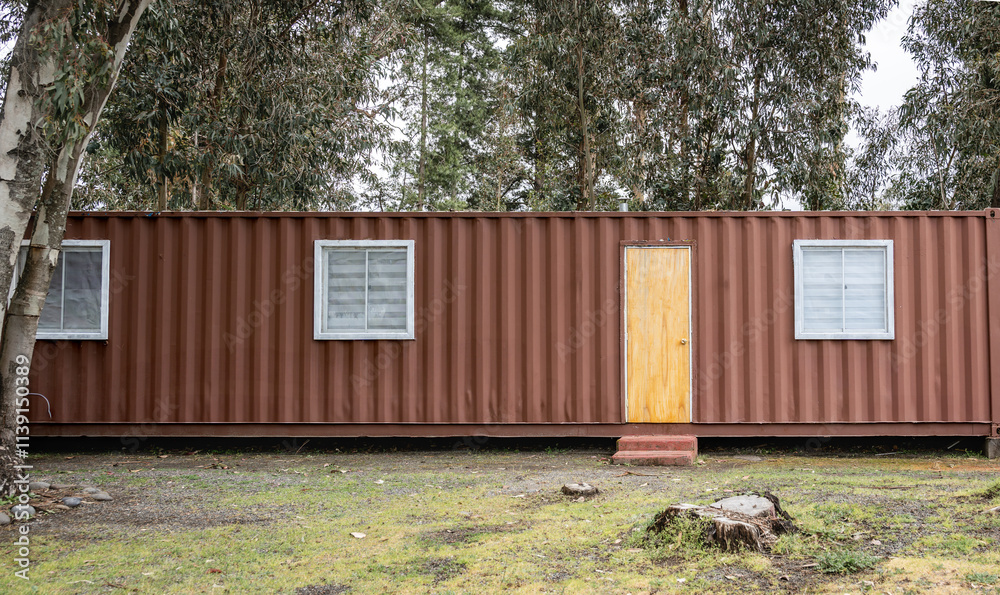 Naklejka premium Minimalistic shipping container house home, tiny house in sunny day. Shipping container houses is sustainable, eco-friendly living accommodation or holiday home