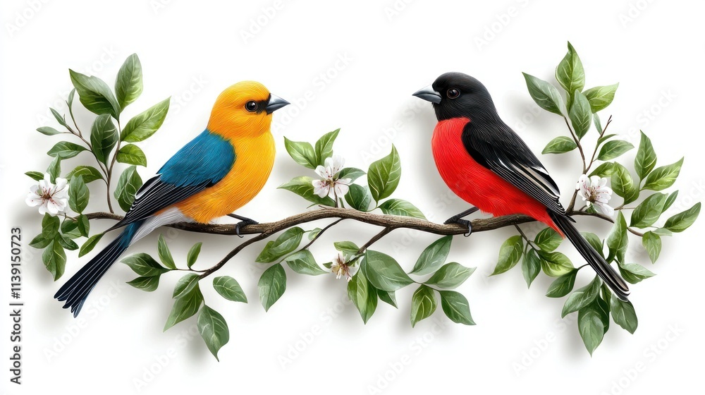 Colorful birds on a branch nature scene wildlife art green environment close-up view Colorful birds on a branch nature scene wildlife art green environment close-up view