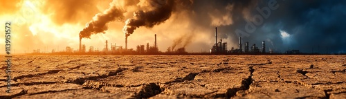 Industrial landscape with pollution, dark clouds, and dry cracked earth. photo