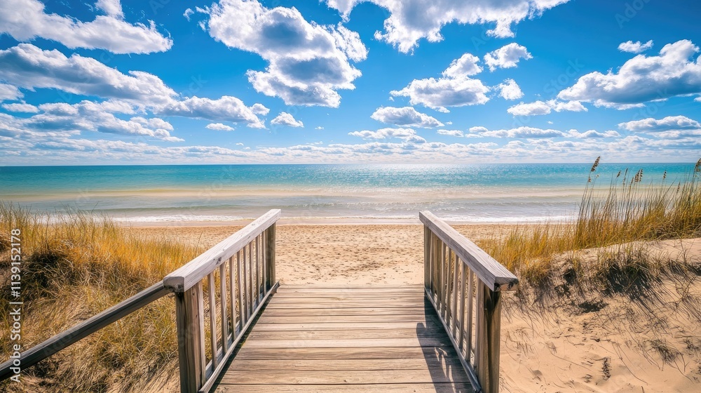 Obraz premium Beautiful Boardwalk Leading to Tranquil Beach Under Blue Sky