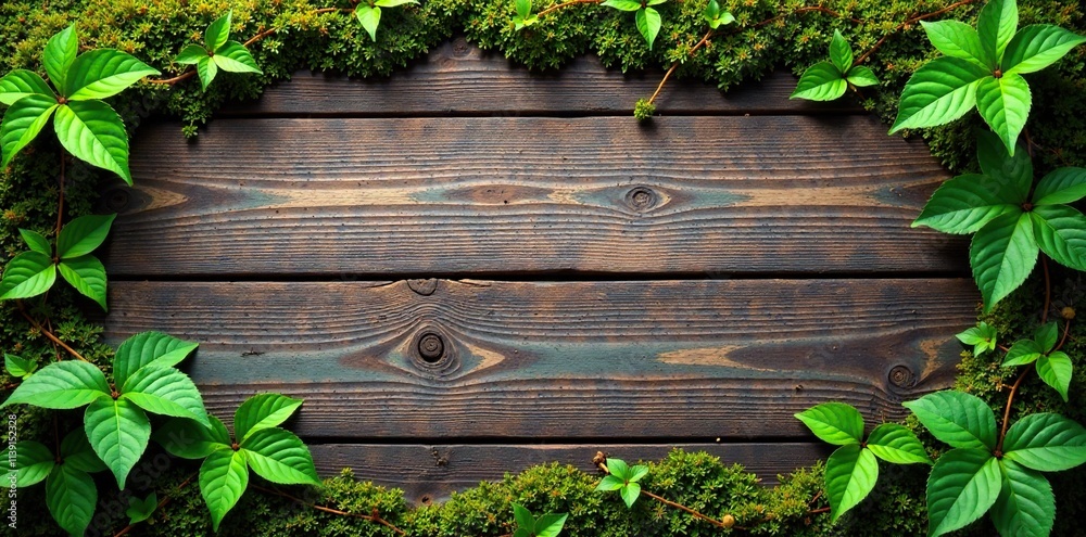 Distressed wood grain background with moss and vines growing through, overgrown, organic, wood Distressed wood grain background with moss and vines growing through, overgrown, organic, wood