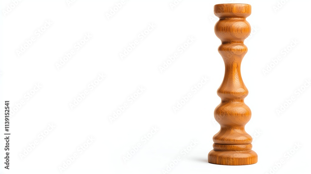 A wooden spindle with a smooth, polished finish stands upright against a plain background, showcasing its craftsmanship and design.