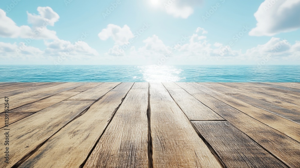 Serene Ocean View from Wooden Deck with Blue Sky and Clouds