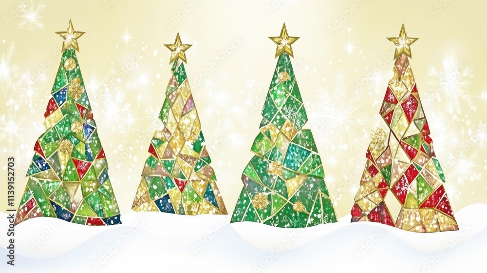 Colorful mosaic Christmas trees with golden accents Colorful mosaic Christmas trees with golden accents