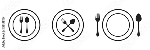 Fork and spoon icon set. Eatery symbol. Kitchen utensil vector illustration. Tableware serving sign. Crossed fork and spoon pictogram. Menu button.