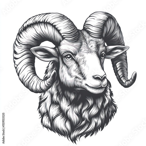 Detailed monochrome illustration of a ram's head.