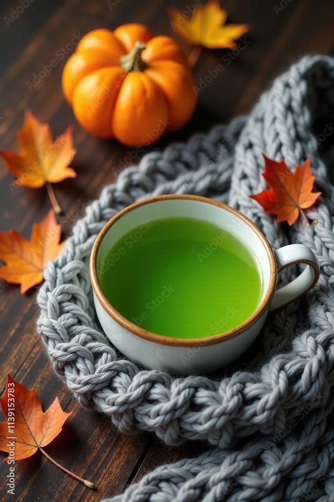 Cozy autumn scene with green tea and grey knitted scarf on wooden background, leafy, grey scarf Cozy autumn scene with green tea and grey knitted scarf on wooden background, leafy, grey scarf