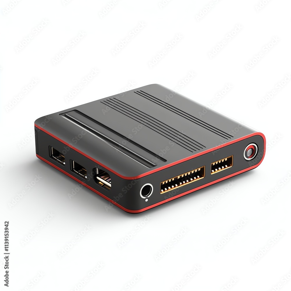 Compact black device with ports, white isolate background. Compact black device with ports, white isolate background.