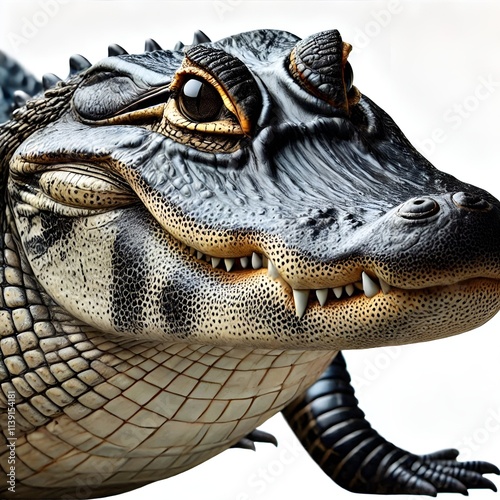 A close-up image of a highly-detailed, realistic crocodile face.






 photo