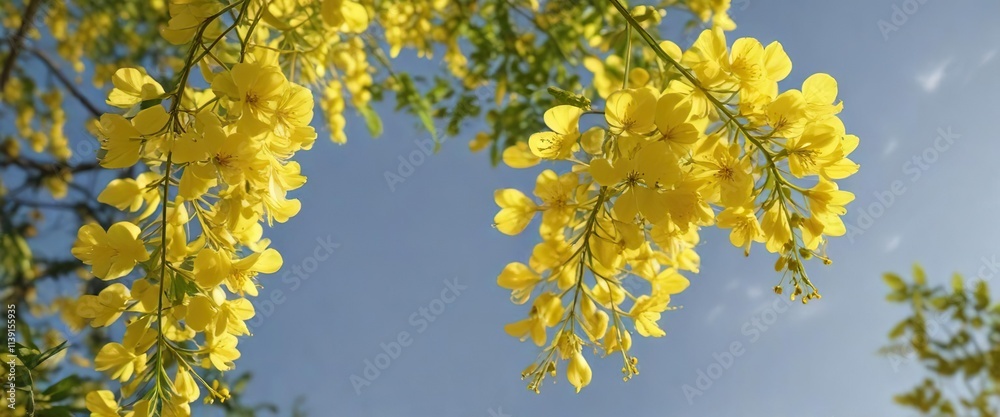 Cassia fistula flowers swaying gently in the sun , yellow flowers in sunlight , flowering tree Cassia fistula flowers swaying gently in the sun , yellow flowers in sunlight , flowering tree