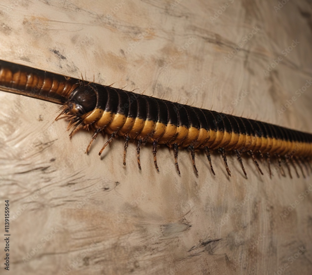 Obraz premium Centipede with yellowish-brown and black stripes on the wall, yellow and black striped, centipede, striped pattern