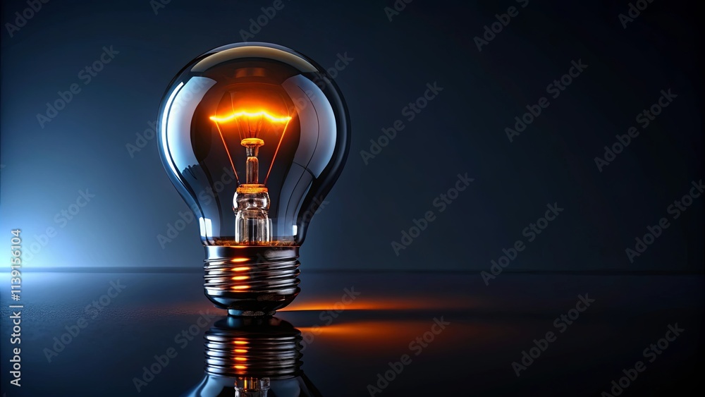 Illuminated Glass Bulb Reflecting on Dark Surface, Symbol of Innovation and Brilliance Illuminated Glass Bulb Reflecting on Dark Surface, Symbol of Innovation and Brilliance