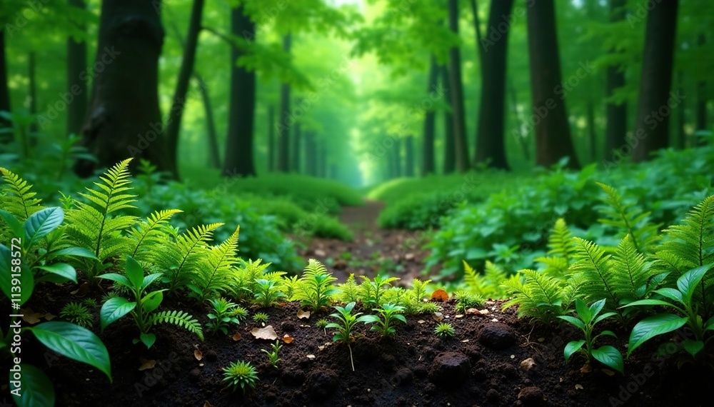 Dense forest floor layer with leafy material and ferns texture, forest ground, foliage, earthy Dense forest floor layer with leafy material and ferns texture, forest ground, foliage, earthy
