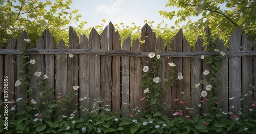 Thorns and vines of bindweed in an old wooden fence , twisted, greenery, outdoor