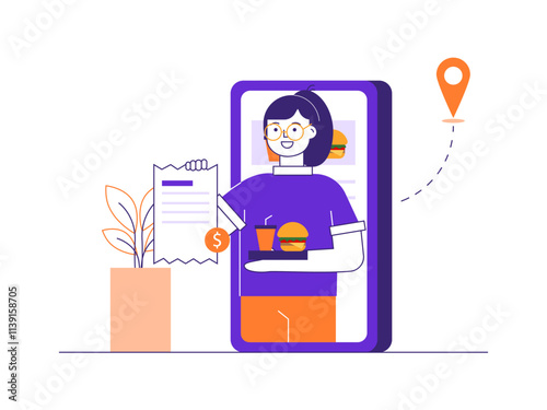 Female pay for online food orders. Online Food illustration. Flat vector illustrations