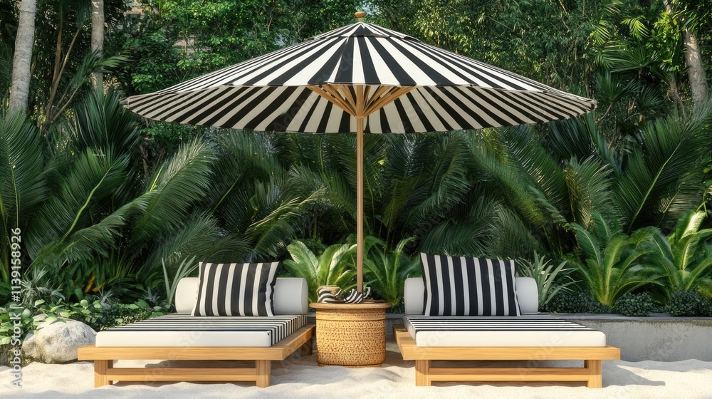 Fototapeta premium Relaxing Beach Setup with Striped Umbrella and Lounge Chairs