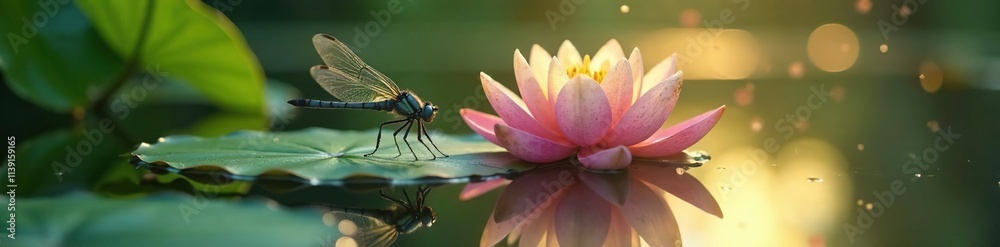 dragonfly gazes at reflected light on calm lotus surface, calm, light dragonfly gazes at reflected light on calm lotus surface, calm, light