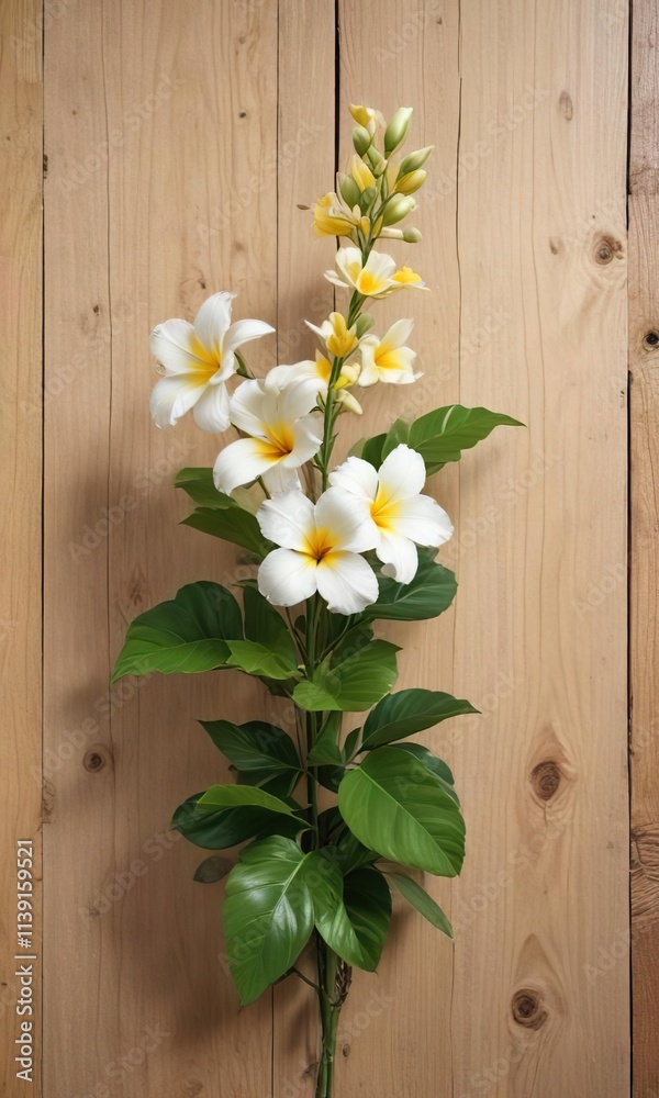 Ein Blumenbild mit wei?en und cremefarbenen Farben und lebigen Pflanzen auf einer Holzwand, innenausen, cremefarben Ein Blumenbild mit wei?en und cremefarbenen Farben und lebigen Pflanzen auf einer Holzwand, innenausen, cremefarben