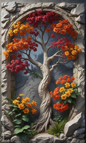 Elaborate stone relief featuring realistic depictions of natural elements such as flowers and trees, nature-inspired art, natural forms, organic shapes photo