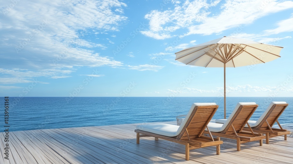 Relaxing Beachside Lounge Chairs Under Bright Umbrella by Ocean Relaxing Beachside Lounge Chairs Under Bright Umbrella by Ocean