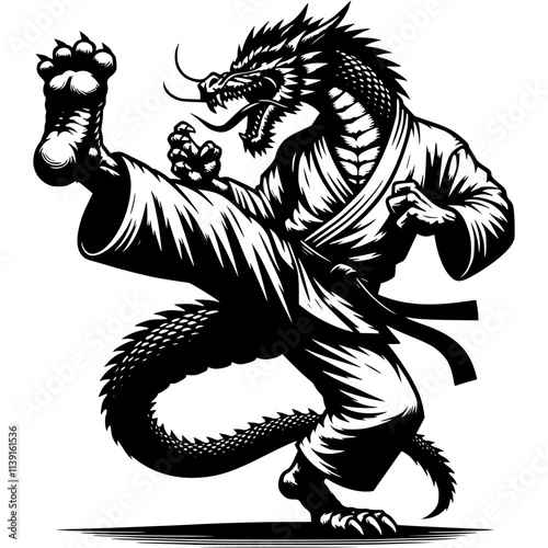 Karate dragon athlete throws straight kick in attacking position in monochrome. Dragon sportsman animal in human form roars. Tattoo minimalistic vector in black ink drawing on transparent background