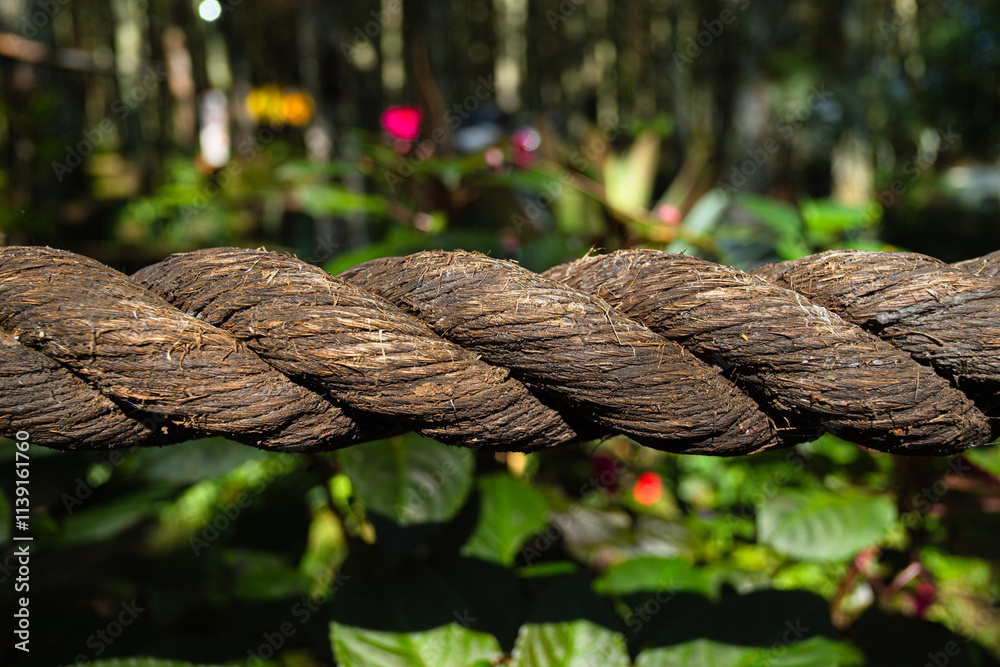 Fototapeta premium Think and braided rope made from natural fiber with bokeh background
