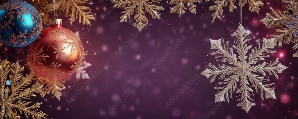 Fototapeta premium Glittery abstract pattern with festive Christmas ornaments and snowflakes, winter, christmas, glittery