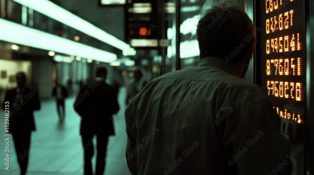 Obraz premium Man viewing stock market numbers in a busy city.