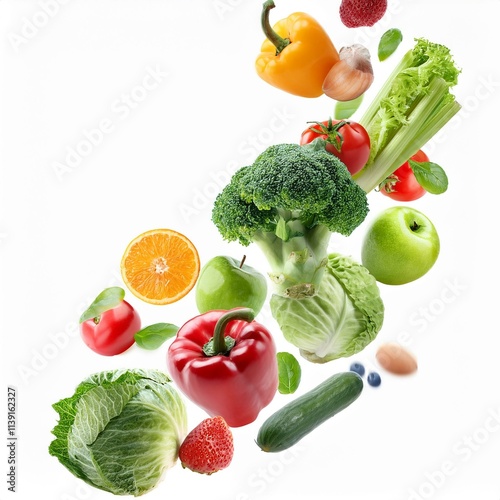 Fresh, colorful fruits and vegetables floating mid-air on a clean white background for health and food visuals.