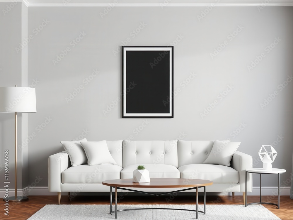 A stylish living room wall art mockup with modern decor, including a minimalist black and white print, a trendy geometric sculpture, and a sleek side table, side table, stylish A stylish living room wall art mockup with modern decor, including a minimalist black and white print, a trendy geometric sculpture, and a sleek side table, side table, stylish