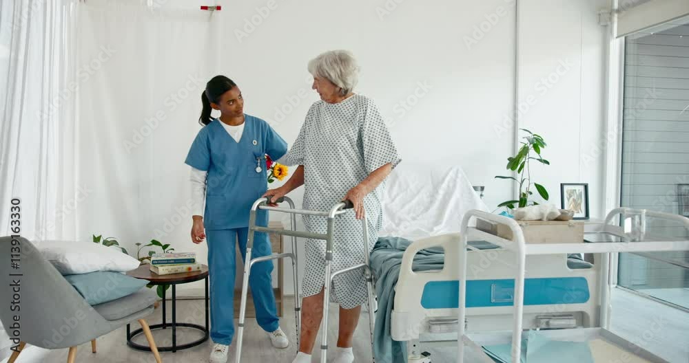 Women, caregiver and patient with walking frame at hospital for help, recovery and wellbeing. People, senior person and healthcare practitioner at clinic for support, physiotherapy and rehabilitation