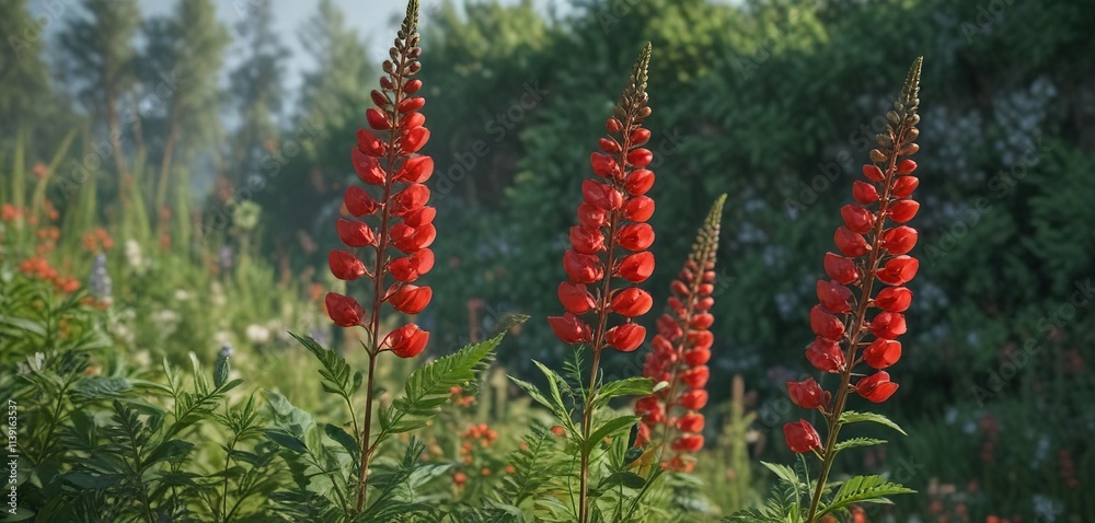 Bright red Lupinus mutabilis stems with leaves and seed pods, , flowering plants Bright red Lupinus mutabilis stems with leaves and seed pods, , flowering plants