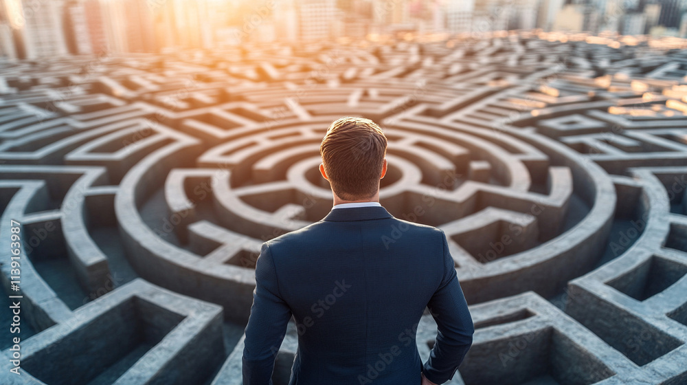 businessman stands with his back to the viewer, facing a vast labyrinth symbolizing challenges, choices, and obstacles. The maze reflects chaos, career decisions, and personal growth amid uncertainty businessman stands with his back to the viewer, facing a vast labyrinth symbolizing challenges, choices, and obstacles. The maze reflects chaos, career decisions, and personal growth amid uncertainty