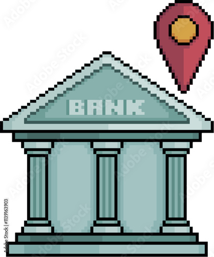 Pixel art of financial bank with GPS pin in 8-bit style