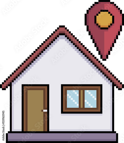 Pixel art of a house with GPS pin in 8-bit style on white background